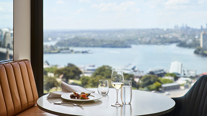 A light snack at the Four Seasons Hotel Sydney with a lovely view of Sydney Harbour in the background.