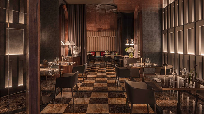 The inside of a restaurant at the Anantara Palazzo Naiadi Rome Hotel. The interior design is somehow bold yet subtle.