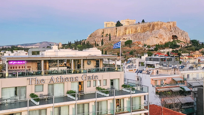 The top floors of the Athens Gate Hotel. The Acropolis is clearly visible in the background.