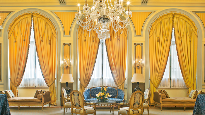 A common seating area inside the Avenida Palace hotel in Lisbon, Portugal.
