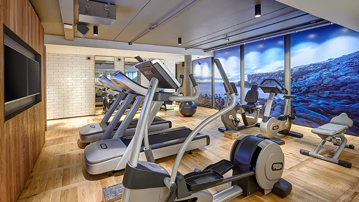 The fitness center at the Canopy by Hilton Reykjavik City Centre. A rocky Icelandic landscape is depicted on the wall behind a variety of exercise machines.