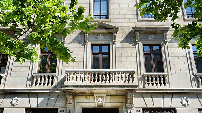 The facade of the Autograph Collection Cotton House Hotel. It's one of the many beautiful historic buildings in Barcelona.