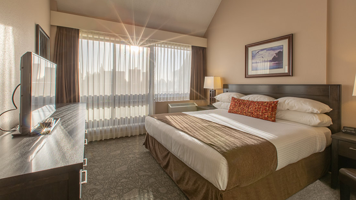 A guest room at the Embassy Inn Hotel in Victoria, British Columbia, Canada.