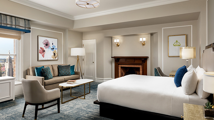 One of the guest rooms at the Fairmont Empress hotel. This room features a fireplace, though it's likely no longer functional.