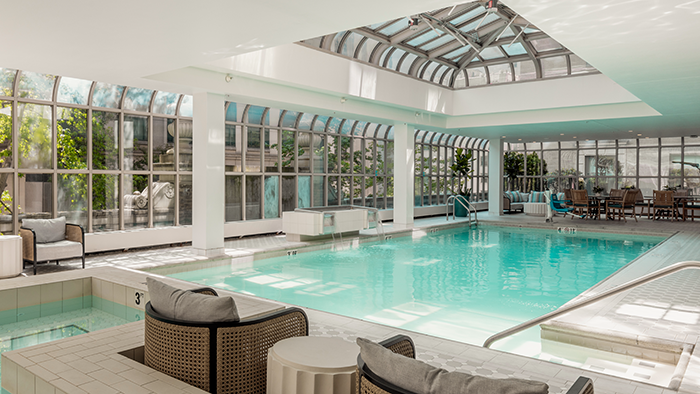The Fairmont Olympic Hotel's indoor pool. A skylight above the water almost gives the impression that you're outdoors.