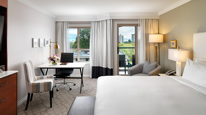 One of the guest rooms at the Hotel Grand Pacific in Victoria. It's tastefully decorated with mostly neutral colors.