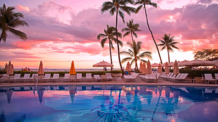 The view of the ocean from the Halekulani Hotel pool. A beautiful sunset can be seen behind the palm trees.