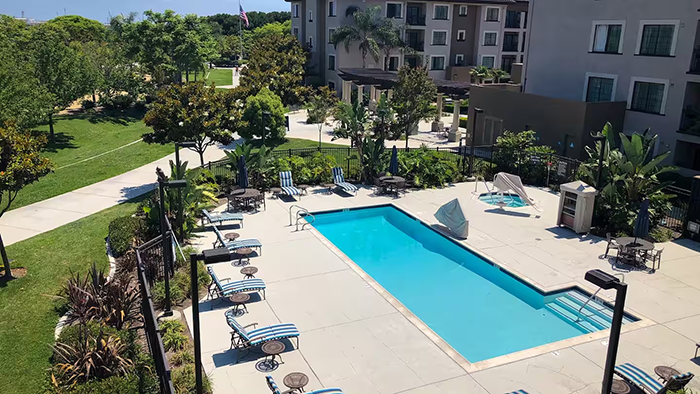 The Homewood Suites by Hilton San Diego Airport-Liberty Station pool as seen from one of the guest rooms.