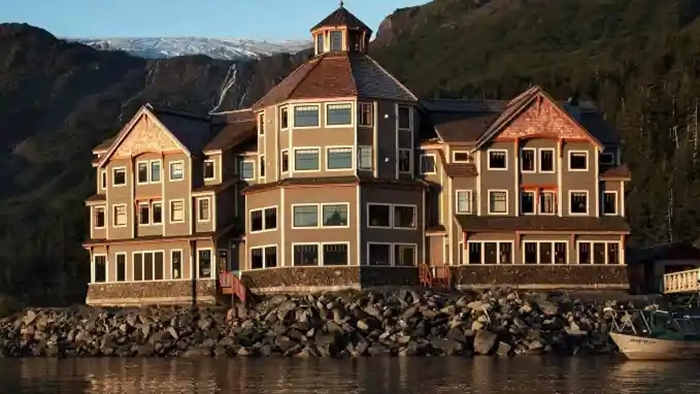The Inn at Whittier as seen from the Passage Canal section of the Prince William Sound.