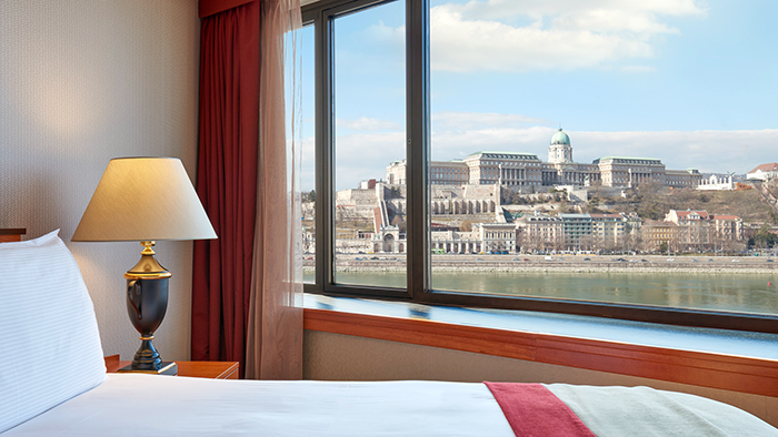 The view of the Danube and Buda Castle from a guest suite at the InterContinental Budapest hotel.