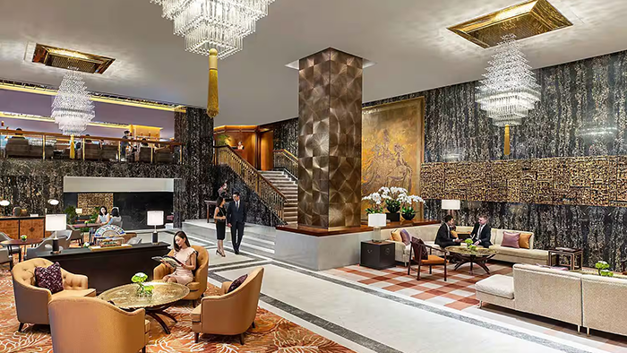 The main lobby of the Mandarin Oriental Hotel in Hong Kong. 