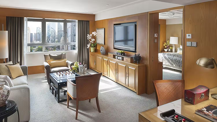 One of the Hong Kong Mandarin Oriental's guest suites. This one includes a living room as well as a bedroom.