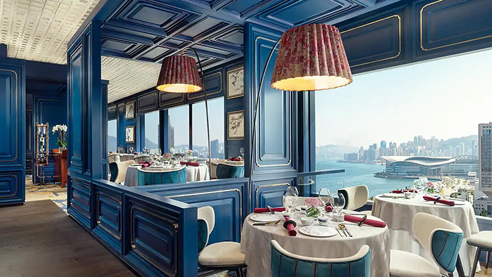 A restaurant inside the Mandarin Oriental, Hong Kong. The walls have been painted with a gorgeous shade of blue.