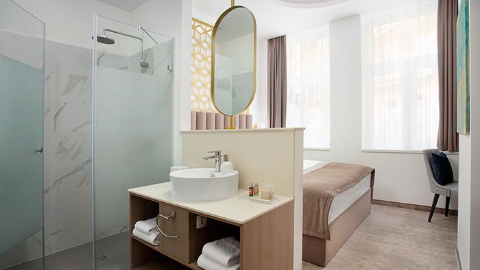 A guest bathroom at the Mera Hotel. The bathroom isn't entirely seperate from the bedroom, making it ideal for couples.