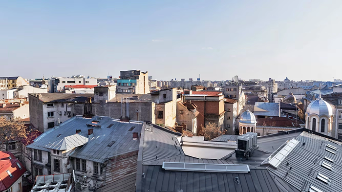 A view of the city from one of the Moxy Bucharest Old Town hotel's balconies.