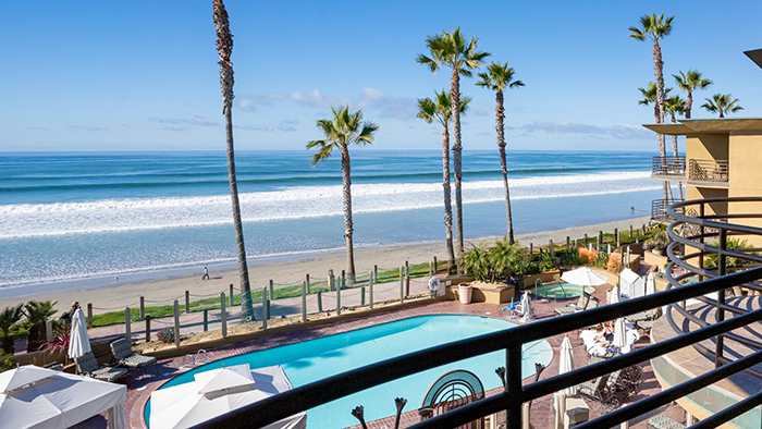 The view of the Pacific Ocean from a balcony at the Pacific Terrace Hotel in San Diego, California.
