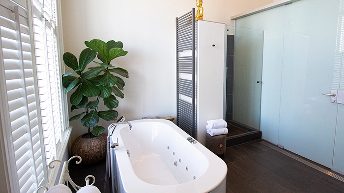 A guest bathroom at the Suite Hotel Pincoffs Rotterdam. There's a large plant in an acorn-shaped pot in the corner next to the bathtub.