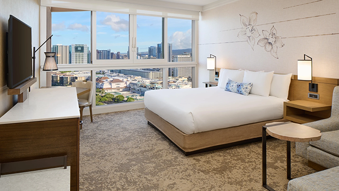 One of the Prince Waikiki Hotel's many guest rooms. This one has a view of the cityscape.