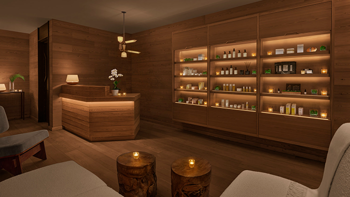 The retail area of the spa inside The Reykjavik EDITION. The dimly lit wooden room contains a wide variety of bodycare products.