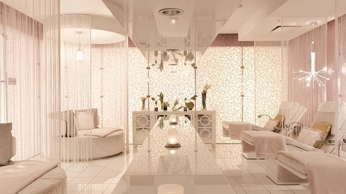 A section of The Ritz-Carlton Los Angeles Hotel's spa. Almost everything is white or pink in this room.