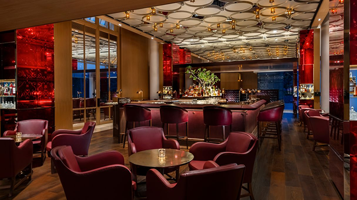 One of the bars at The Ritz-Carlton Millenia in Singapore. This one sports a red theme.