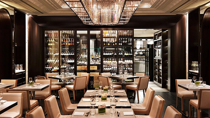 One of the restaurants inside the Rosewood Hotel Georgia. There's a fairly large collection of wines on display at the back of the room.