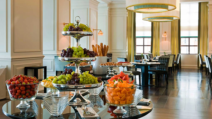 Breakfast at the Savoia Excelsior Palace hotel. A wide variety of fruits are available in spades.