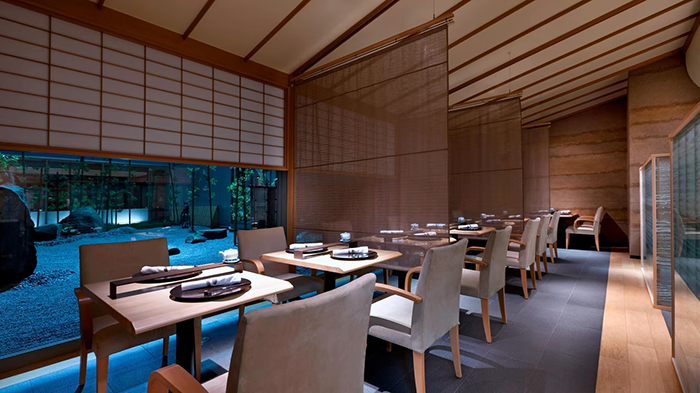 One of the restaurants inside The Westin Tokyo. The decor is very Japanese, with a dry garden visible through the window.